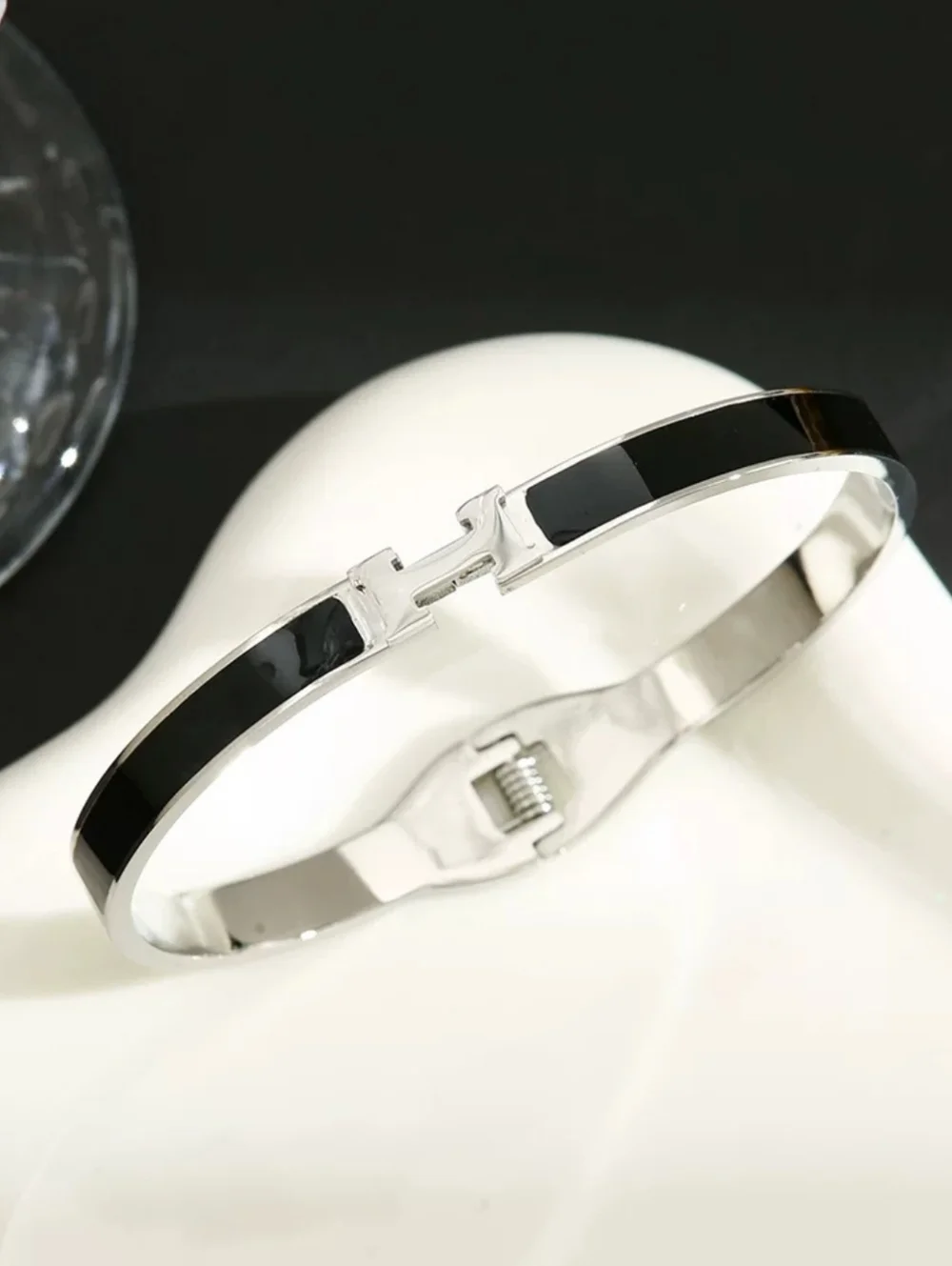 Luxury Inspired Black Enamel H Bangle Bracelet Silver Tone Designer Style Cuff